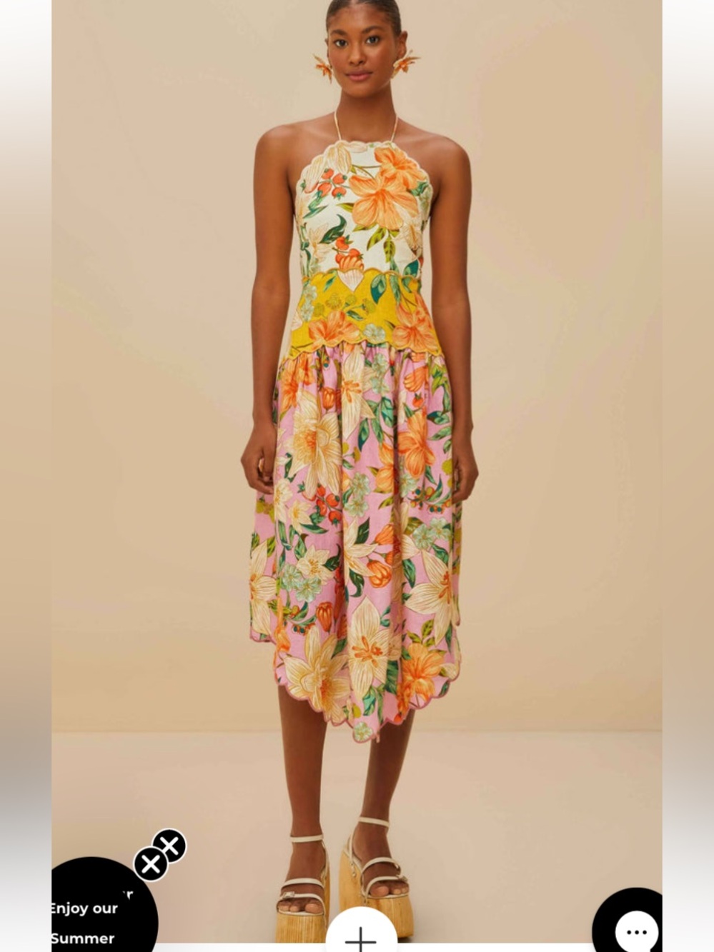 FARM Rio Pink and Yellow Floral Halter Midi Dress